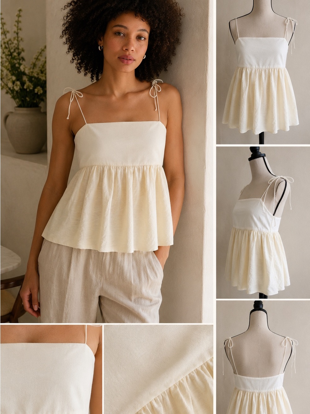 NWT Dunst Tie Strap Babydoll Flare Cami Top Ivory Sz Small